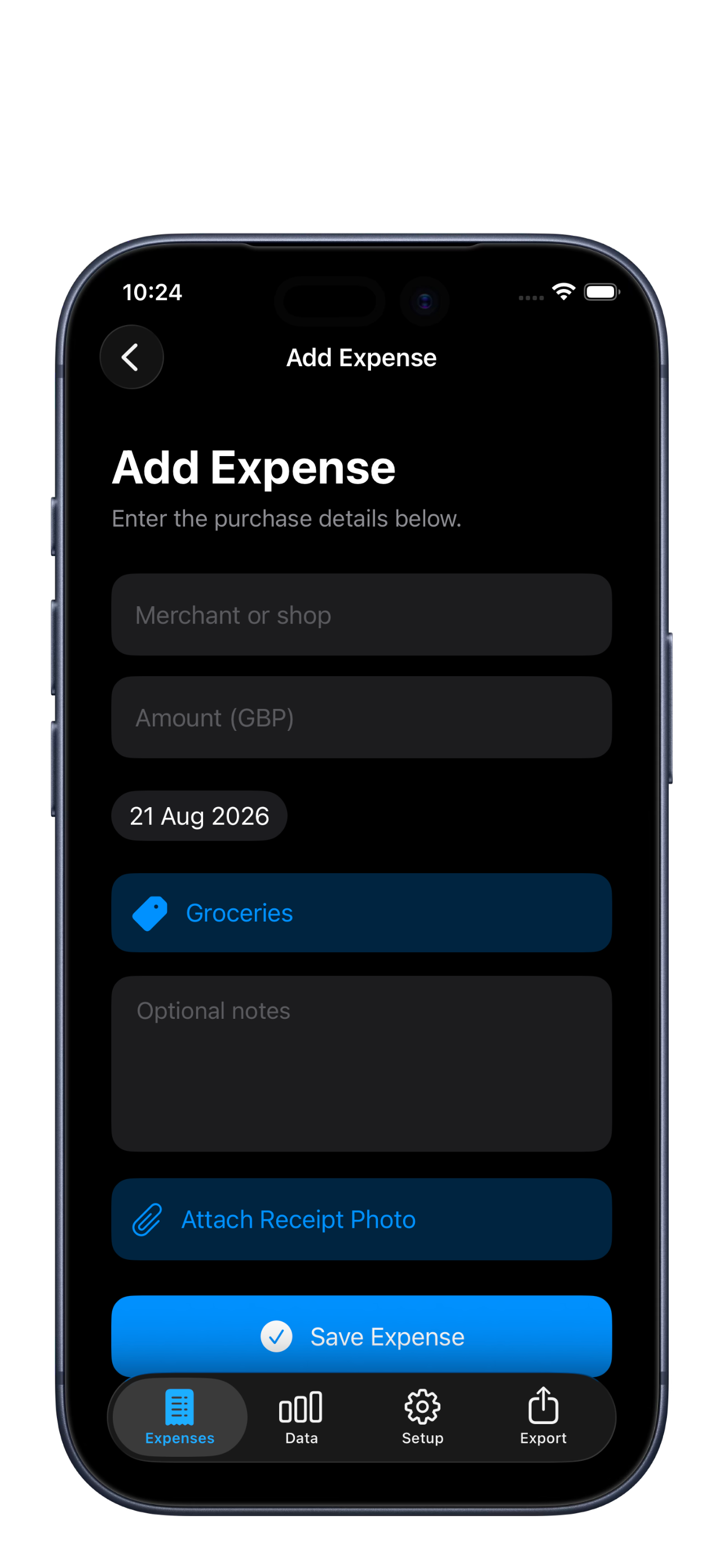 ExpenseDor Add Expense screen