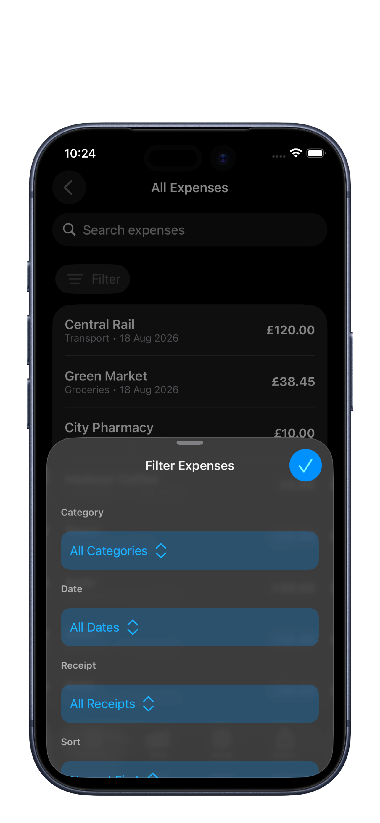 ExpenseDor search and expense filtering screen