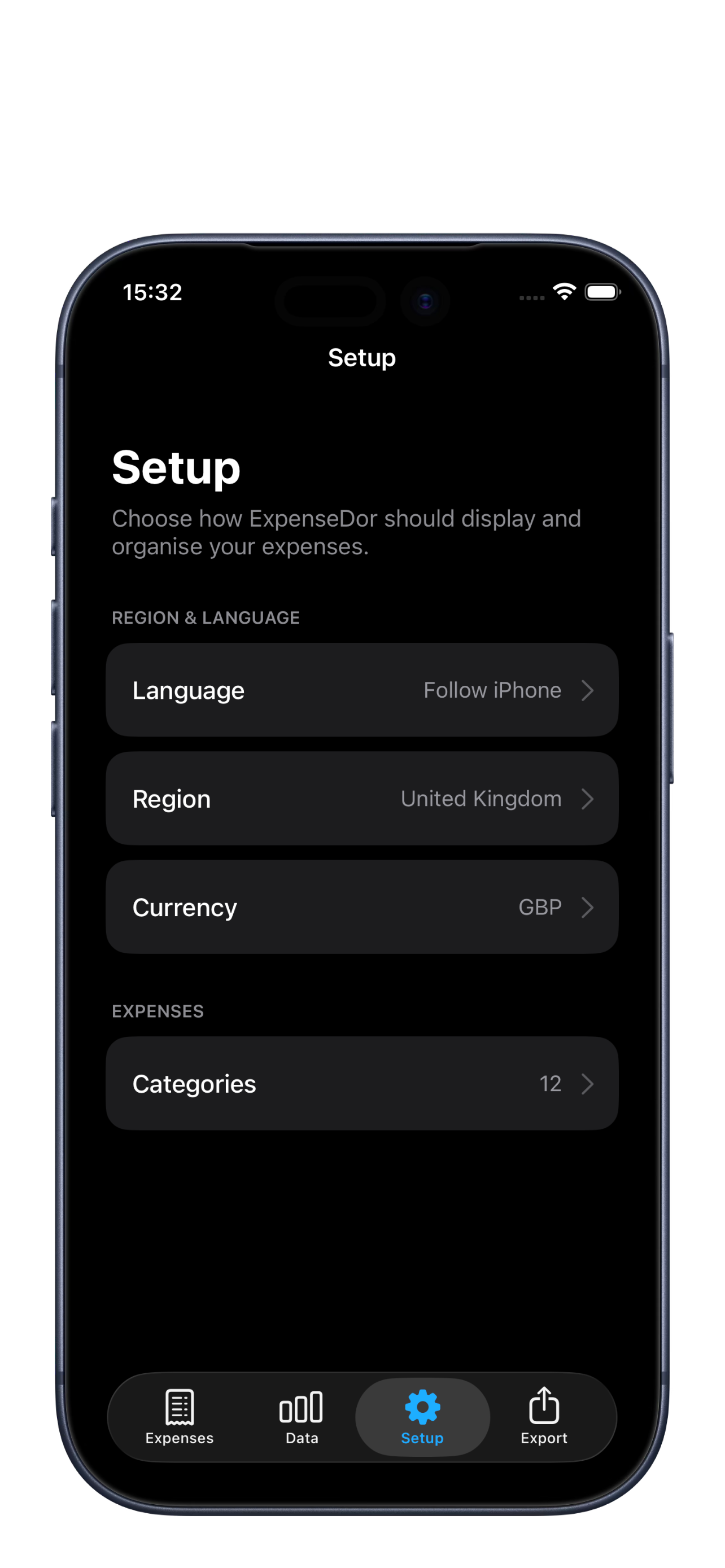 ExpenseDor setup screen showing currency and preferences